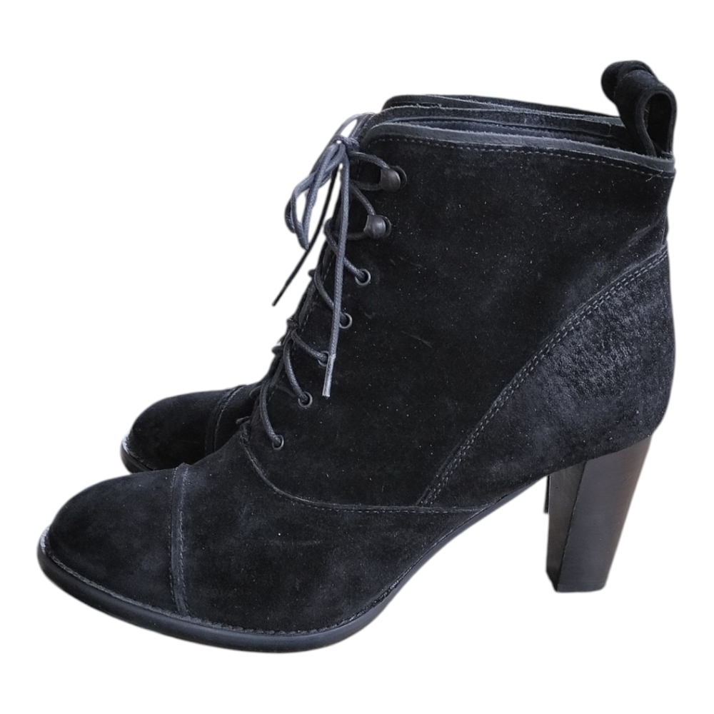 J. Crew Black Suede Lace Up Stacked Heel Leather Booties Size 6